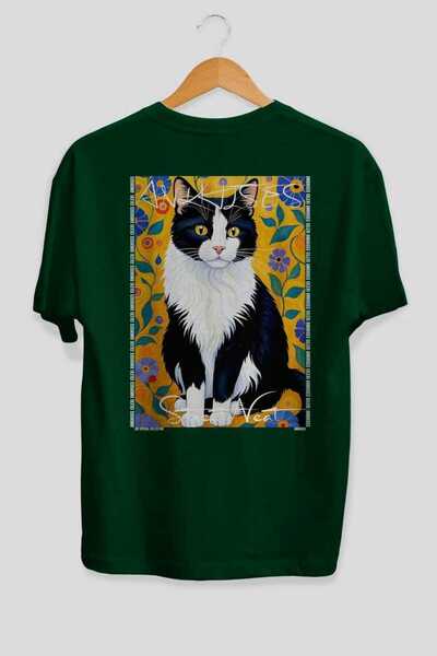 Ankhises For the Love of Cats 53 Cats Printed Green Oversize T-Shirt 100% Cot...
