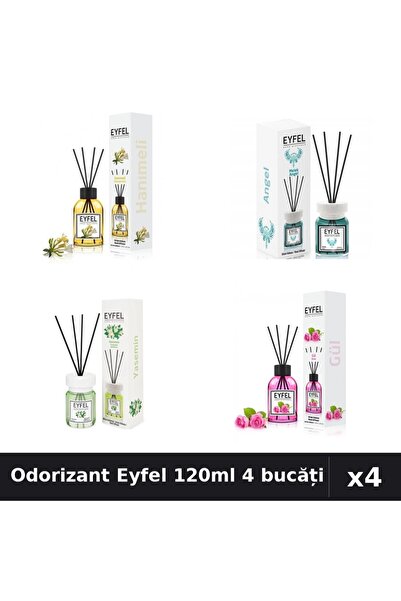 Eyfel Set 4 Odorizant Cameră Betișoare 120ml - Angel, Iasomie, Trandafir, Mân...