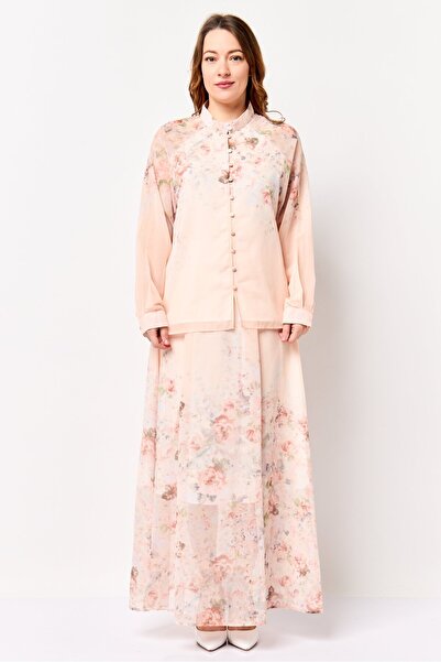 Kathy Ireland Women 2 Pieces Floral Print Shirt With Pants Coord Set, Peach