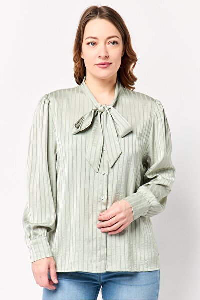 Bebe Women Tie Neckline Long Sleeve Stripe Shirt, Light Olive