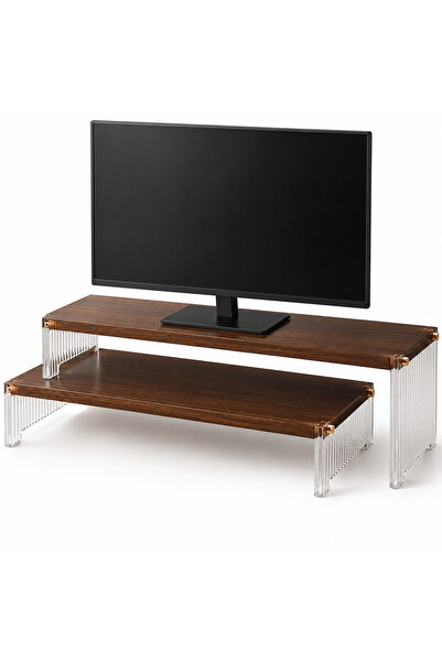 EqiEch 2-Tier Monitor Stand Riser, Wooden Desktop Shelf With Clear Acrylic Le...