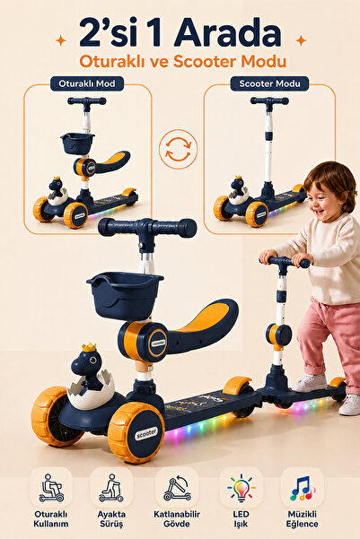 indirimsevinci 2’si 1 Arada Oturaklı Çocuk Scooter LED Işıklı Yükseklik Ayarl...