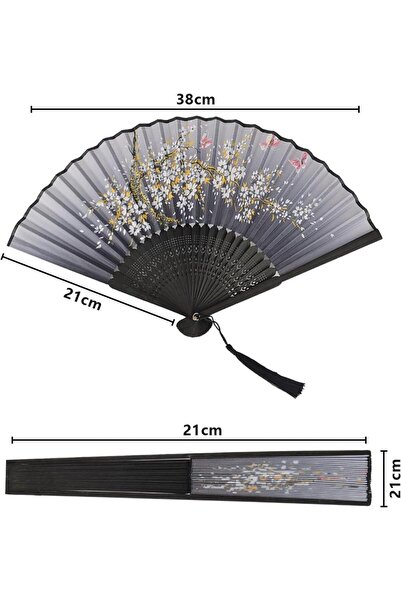 OFİSİNN Beluga Yelpaze Bambu Kumaş Serinletici Vintage Şık Dekorasyon Püsküllü Japon Yelpaze Antrasi