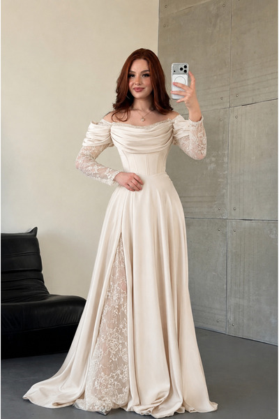 ayşenur Dinçer butik Royal Dantel Detaylı Ekru Abiye