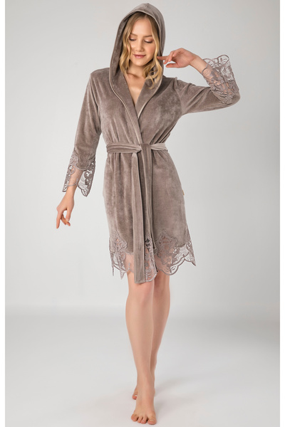 Nuşa Premium Women's Short Hooded Lace Niki Velvet Bamboo Cotton Robe
