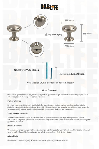 bablife Verona Düğme İnoks 25mm Çapında Metal Lüks Çekmece Dolap Mobilya Kulpları