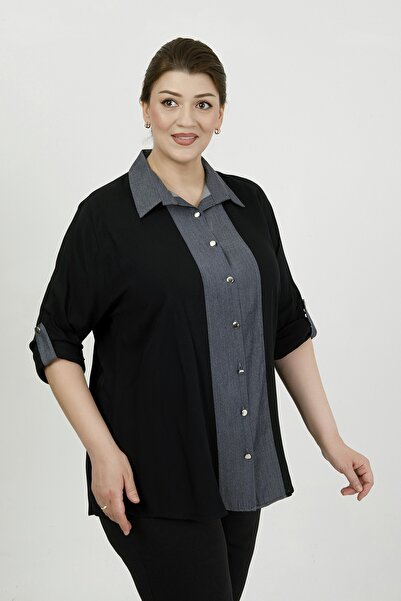 By Alba Collection Women's Black Garnished Viscose Plus Size Shirt
