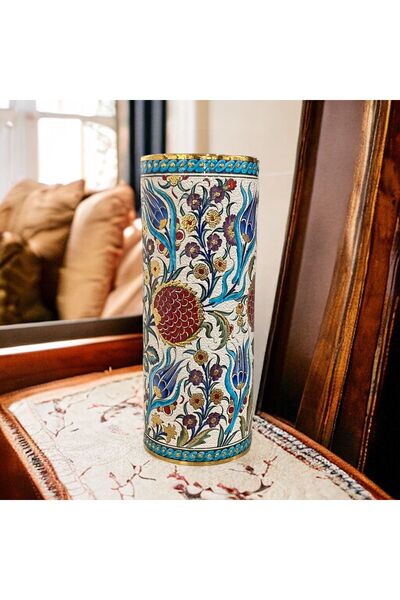 Berra Ceramic Altın İşlemeli El Yapımı Dekoratif Vazo, Geleneksel Motifli Lük...