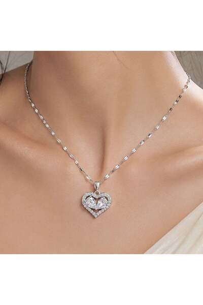 Bk Gift Large Stone Women's Necklace with Heart Figure - Non-Tarnishing Silve...