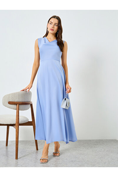 Take Two By Styli Blue Solid Cowl Neck Maxi Dress