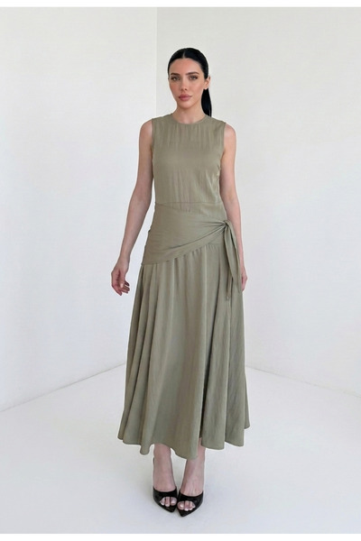 My Blog Khaki Belted Shawl Detailed Dress - 3421