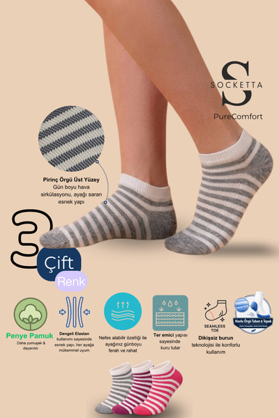 Socketta 3-Piece Mixed Color Women's Cotton Seamless Towel Sole Booties Socks...