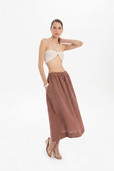 İpekçi Otantik Linen Long Bell Skirt Earth Brown
