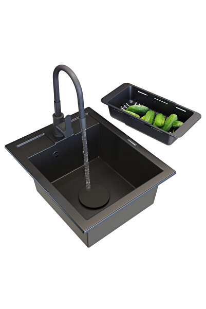 Granitan Set Chiuveta Granit BEST Negru, 500x400mm, cu robinet Grado si cos p...