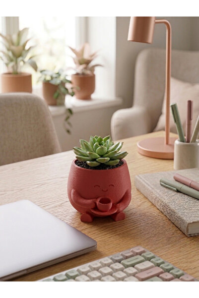 craftopya Kahve İçen Sevimli Figürlü Mini Sukulent ve Kaktüs Saksısı 8x6 cm M...