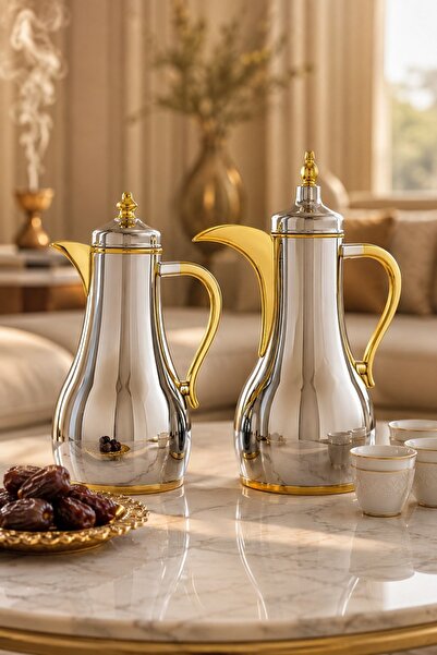 Generic Trumos Modern Silver and Shiny Gold Tea and Coffee Serving Set (1L+1L)
