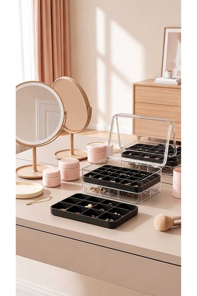 WOODCAP 3 Layers Jewelry Organizer Box with 38 Compartments and Clear Lid for Organizing Jewelry, Rings, Earrings, Necklaces