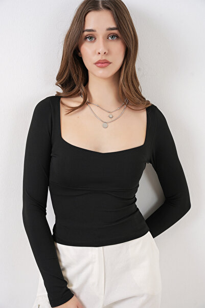 Merterium Γυναικεία μπλούζα με τετράγωνο γιακά Slim Fit 1456 - Μαύρο