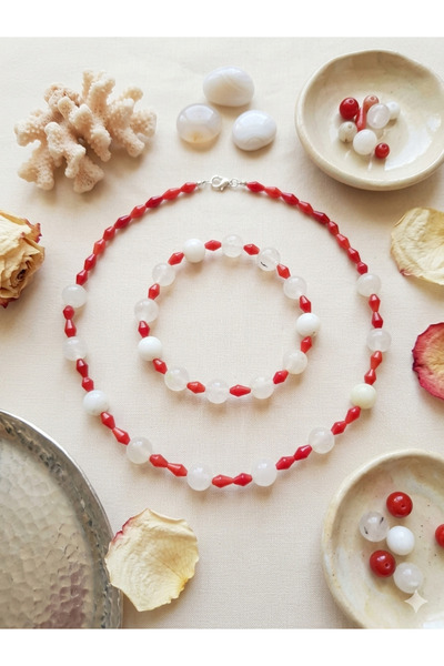 Shine Elagance Natural Stone Round Cut Moonstone and Red Coral Closures Steel...