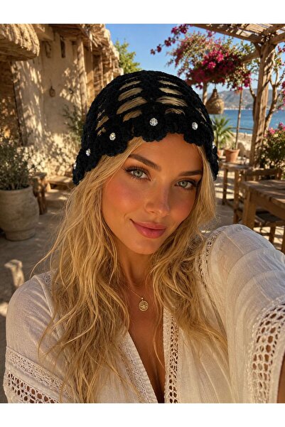 Trend Şapka 19079 Siyah Taşlı File Bandana Şapka Bere