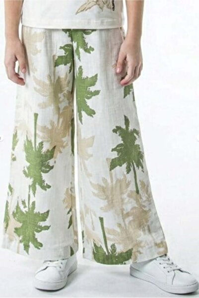 nk kids Nk Girl's Palm Tree Patterned Wide Leg Pants 8-14 Years Ecru - Green