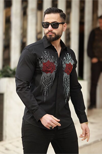 BAYIM Erkek Gül Motifli Taş Detaylı Slim Fit Özel Tasarım Gömlek