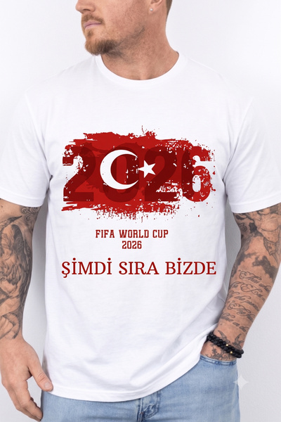 Unisex Türkiye Dünya Kupası Özel Desenli Tasarım %100 Pamuk Bisiklet Yaka Rahat Kalıp Günlük T-Shirt