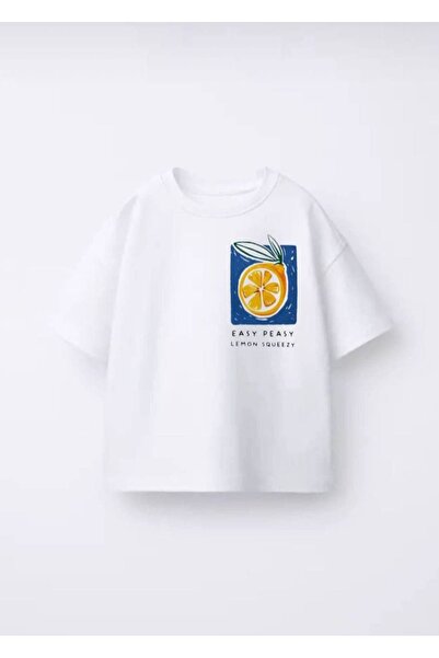 NUEM Tricou oversize unisex pentru copii, alb, cu imprimeu cu lămâie