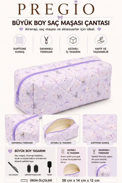 PREGIO Lila Kuğu Desenli Airwrap ve Tüm Saç Şekillendiriniz için XL Boy Çanta...