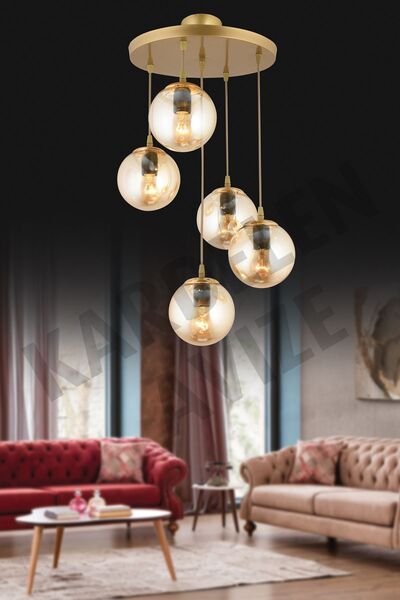Kraliçe Eskitme Tavan Avizesi5'lı Bal Top Camlı Sarkıt Model