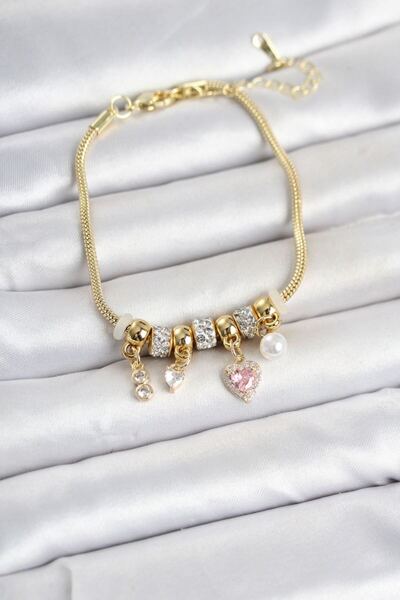 norsary Brass Gold Color Heart Detailed Charm Women's Bracelet