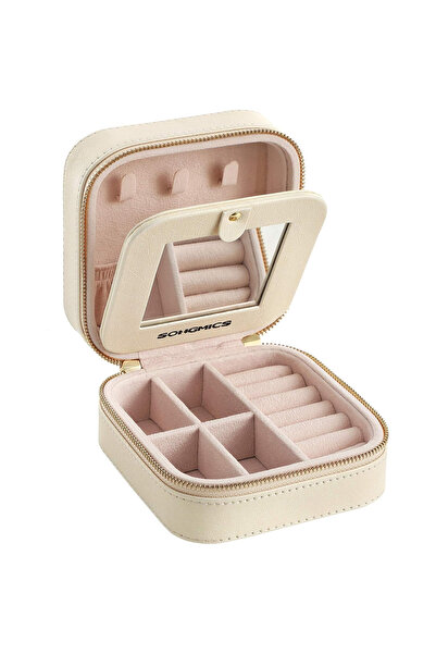 SONGMICS Gisella Travel Jewelry Box with Mirror, Compartments for Rings, 11x1...