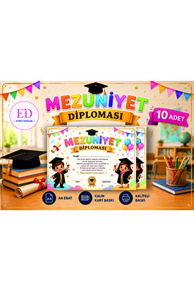 ETİKETİM Mezuniyet Belgesi Pembe A4 Boyut-10 ADET-Karne Hediyesi