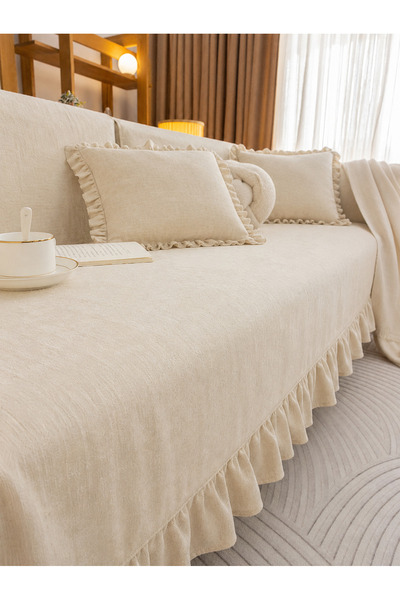 linea natura home غطاء أريكة من الكتان مزين بكشكشة، غطاء أريكة بوهيمي مزخرف يغطي مقعد السرير القابل للتحويل إلى سرير