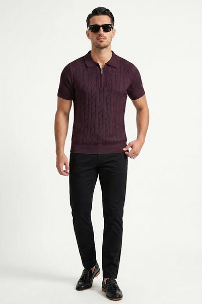 Abruzzo Burgundy Polo Collar Half Zip Knitwear Men's T-Shirt