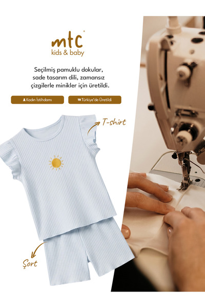 Cotton Trips Soft Fitilli Güneş Nakış Şortlu Takım 2-8 Yaş Açık Mavi