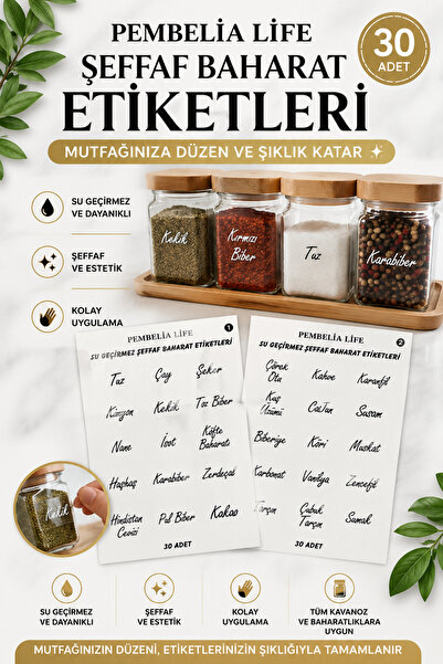 KEA 30 Adet Şeffaf Baharat Etiketi Su Geçirmez Kendinden Yapışkanlı Baharatlı...