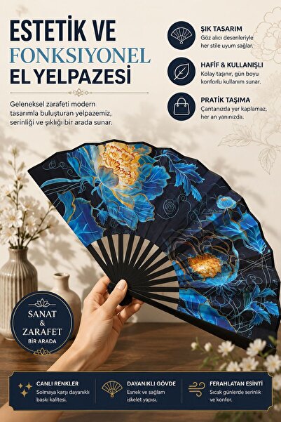 Go Promosyon Çiçek Desenli Premium El Yelpazesi – Katlanabilir Şık Yaz Yelpaz...