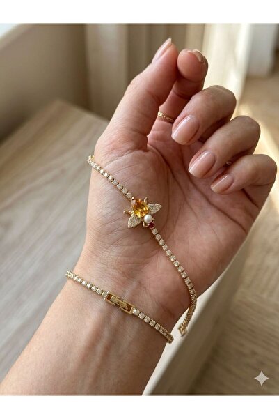 LİNA&BUJİTERİ ARI MOTİFLİ, SU YOLU. 14 K ALTIN KAPLAMA,TAŞLI ÇELİK BİLEKLİK