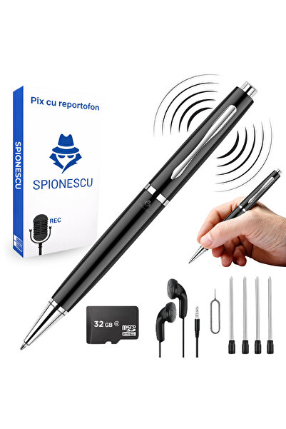 Spionescu Stilou cu microfon ascuns, activare vocală, player MP3, negru - 128 GB