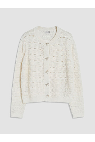 LC Waikiki Ecru openwork knit cardigan for girls
