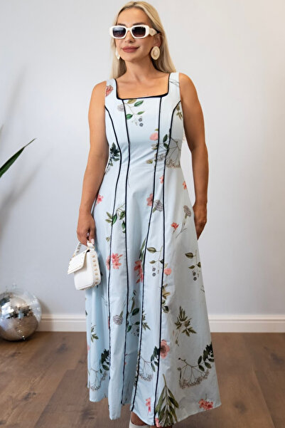 Muna Boutique Women's Blue Floral Patterned Square Neck Long Dress - Black Pi...