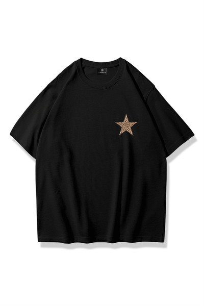 Trendiz Kadın Leopar Yıldız Göğüs Tshirt Siyah