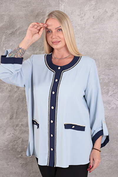 KİFAYET Plus Size (50-56) Chanel Button Detail Crew Neck Long Sleeve Women's ...