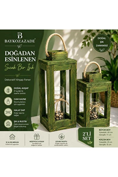 baykozazade Yeşil Ahşap Dekoratif Fener Mumluk Seti 2'li 2 Parça Ahşap