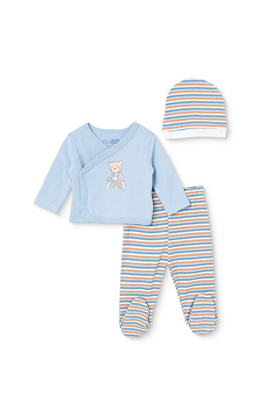 ebebek Hello Baby HelloBaby Erkek Bebek Zıbın-Şapka-Alt Ayı Baskılı Çıtçıtlı V Yaka Uzun Kol Patikli