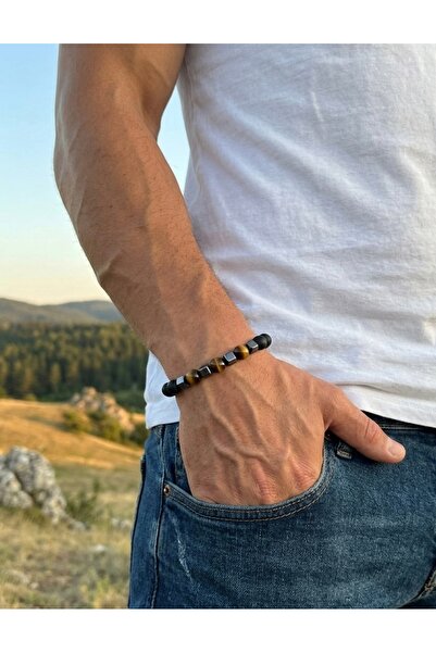 EL YAPIMI Hematite, Tiger's Eye and Matte Onyx Stone Men's Bracelet