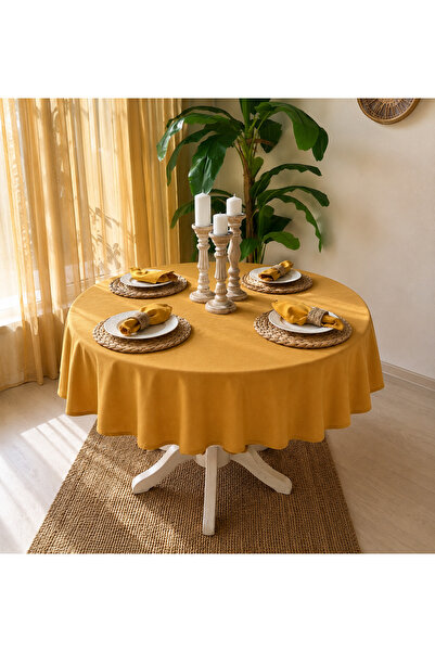 Decamor home Cotton Fabric Mustard Yellow Round Tablecloth Stain Resistant Wa...