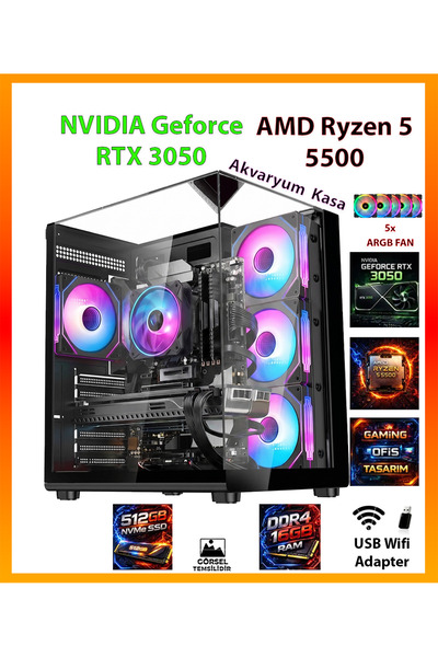 COMLOJI GA Ultra Pro Sistem RTX3050 + Ryzen 5 5500 16GB RAM 512GB SSD Akvaryu...