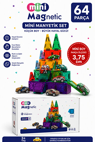 ZİVENTA Mini Manyetik Blok Seti 64 Parça Arabalı Manyetik Yapı Oyuncağı 3,75 ...